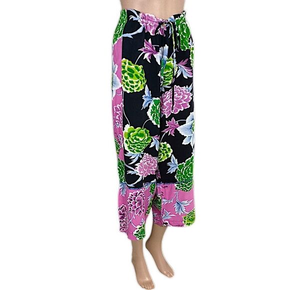 Floral Patchwork Wide Leg Pants M Hippie Artsy Boho Chic Fairy Flowy Drawstring - Picture 3 of 16